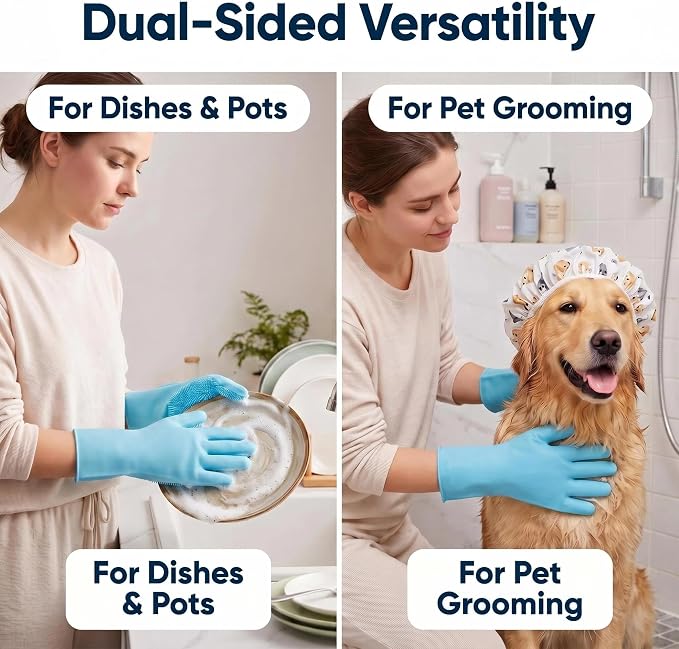 Silicone Dish Washing Gloves with Scrubber, High-Density Teeth For Scrub | Dog & Cat Grooming Mitts, Non-Slip, Safe For Dishes & Pets, Food-Grade, Easy Rinse & Hang, 12.2" × 6.3 - Blue