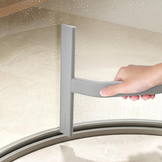 JustHang Shower Squeegee with Built-in Hook, 10-Inch Gray | Award-Winning Design, All-One-Piece Soft-Touch Silicone, for Glass Door, Bathroom, Window, Mirror, Tile Wall, Car