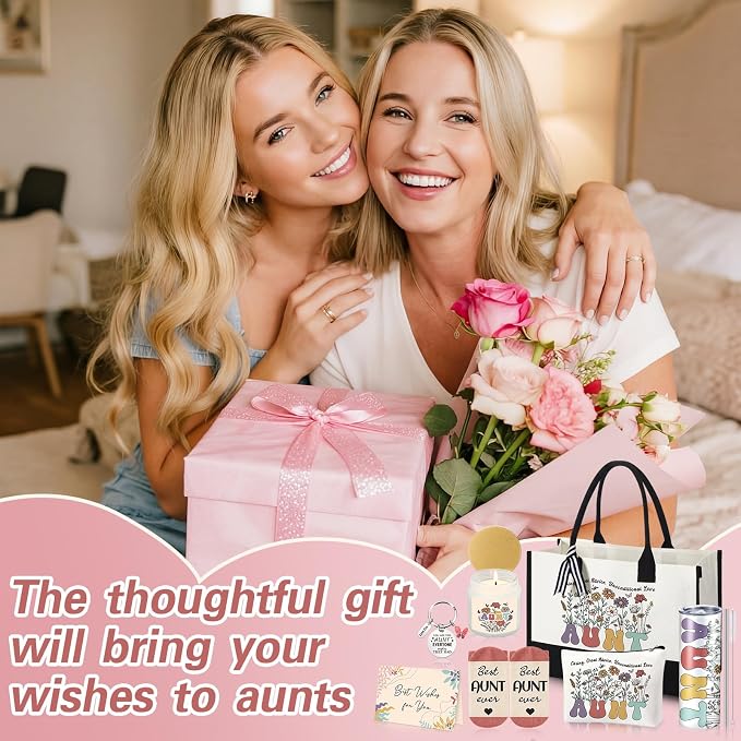 Patelai 7 Pcs Auntie Gifts for Women,Aunt Birthday Wedding Gift Best Aunt | Ideas Presents Set with 20oz Tumbler Tote Bag Scented Candle Keychain Makeup Pouch Appreciation Gifts from Niece Nephew