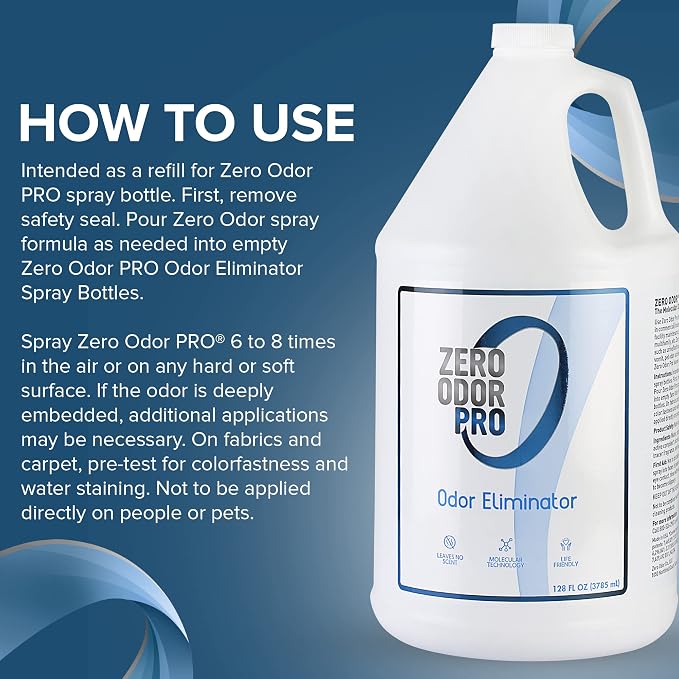 Zero Odor Pro Commercial Odor Eliminator Refill, Room Deodorizer, 128 oz | Unscented Air Freshener & Deodorizer for Offices, Restrooms, Trash Rooms & Dumpsters, Sprayer not included & Leaves no Scent