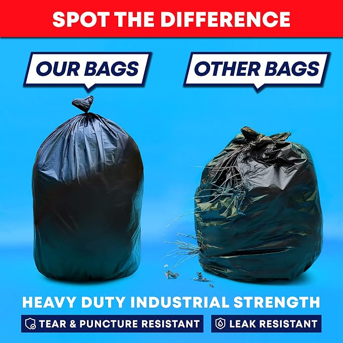 Tasker Contractor Garbage Bags 55 Gallon 3 Mil Heavy Duty (32 Bags w/Ties) 60 Gal Contractor Bags 3 Mil. 55 Gallon Heavy Duty X-Large Black Trash Bags 50 Gal,