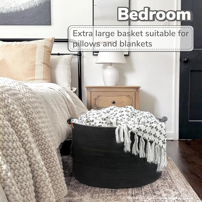 90L Large Woven Rope Blanket Basket with Tassel, 22" x 14", Black | Boho Basket for Toys, Clothes & Pillows Storage, Fits Bedroom Living Room Home Décor, Laundry Hamper with Knotted Handles