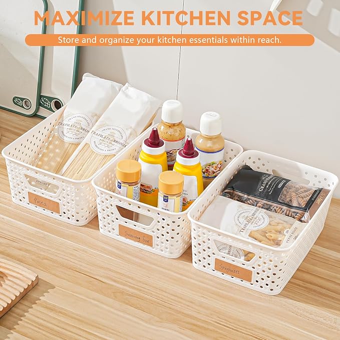 12 Pack Plastic Storage Baskets for Organizing, Storage Baskets for Shelves with Handles, Small Storage Bins with Labels, Classroom Storage Organization for Cabinet,Closet, Office