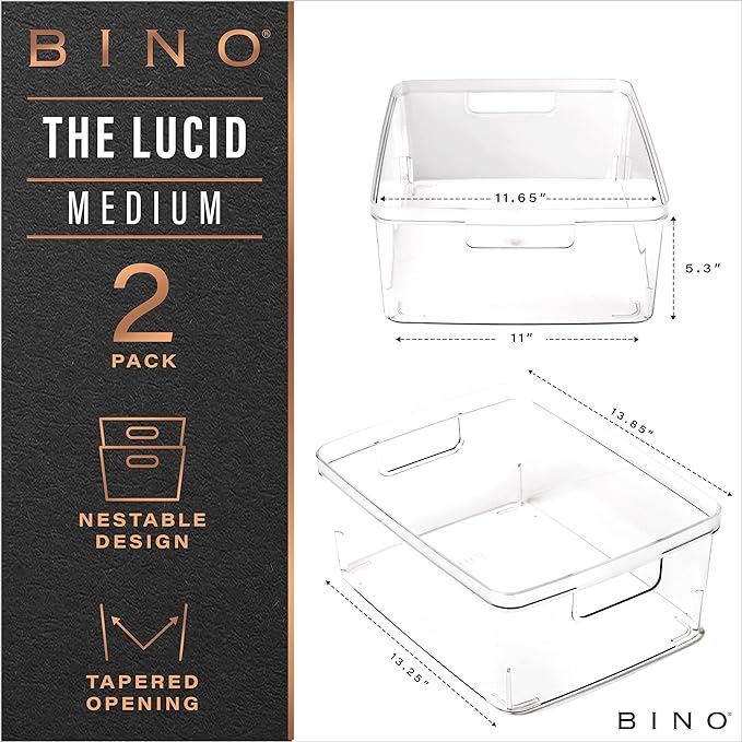 BINO | Plastic Storage Bins, Medium - 6 Pack | THE LUCID COLLECTION | Multi-Use Built-In Handles | BPA-Free | Clear Storage Containers | Fridge Organizer | Pantry & Home Organization