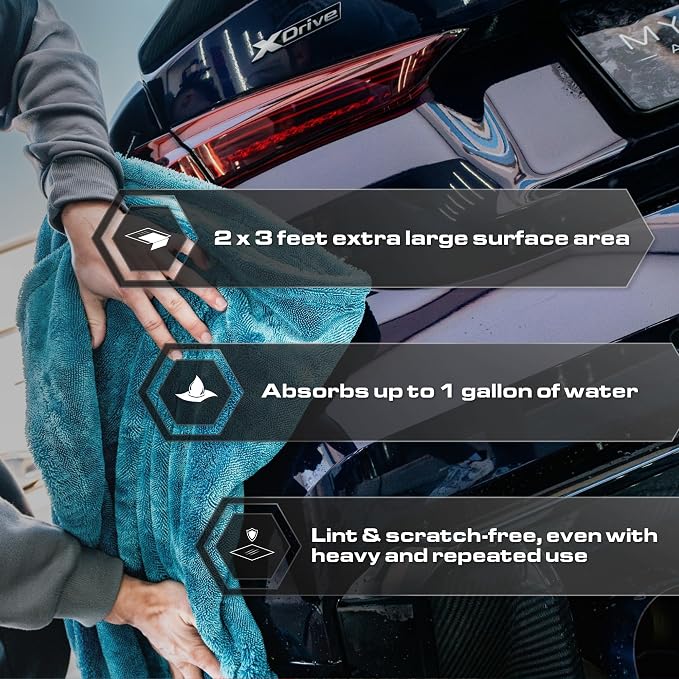 Microfiber Car Drying Towel 24"x36", 1300GSM Twisted Loop | Twisted Loop microfiber dries your car in one pass-1300GSM, streak-free & scratch-safe. Absorbs 6x its weight, no water spots