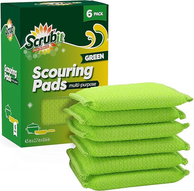 SCRUBIT Multi-Purpose Scouring Pad - Non-Scratch Cleaning Sponges for Pots, Pans, Dishes, Utensils & Non-Stick Cookware - Scrubbing Pads Use for Kitchen, Bathroom - 6 Pack Dish Sponge (Green)