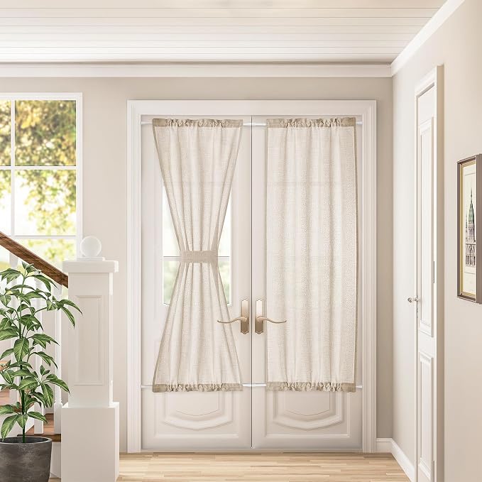 Linen French Door Curtains 2 Panels W25 x L72 with Dual Rod Pocket | Semi Sheer Light Filtering, Privacy Protection Curtain, for Farmhouse, Sliding Door, Light Coffee Drapes, with Tieback