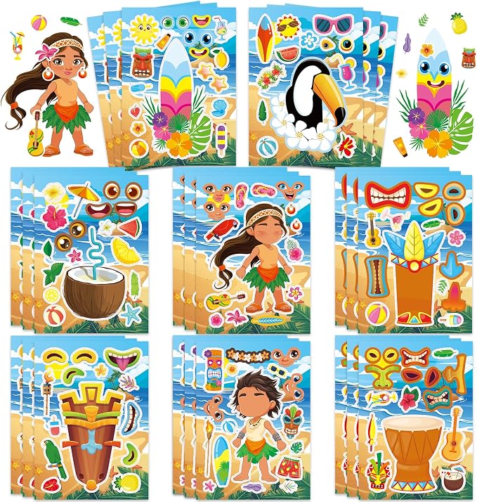 24 Sheets Tiki Make a Face Sticker, Make Your Own Tropical Hawaii Mix and Match Stickers Summer Stickers for Boy Girls Home School Classroom Crafts Activities Summer Party Favors