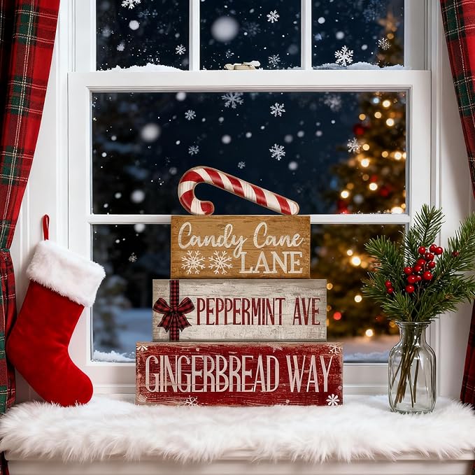 Moucuny 4 Pcs Christmas Table Decor Wooden Candy Cane Decoration Farmhouse | Tiered Rustic Design with Candy Cane, Shelf Decor for Kitchen or Living Room, Holiday Centerpiece, Farmhouse Gift