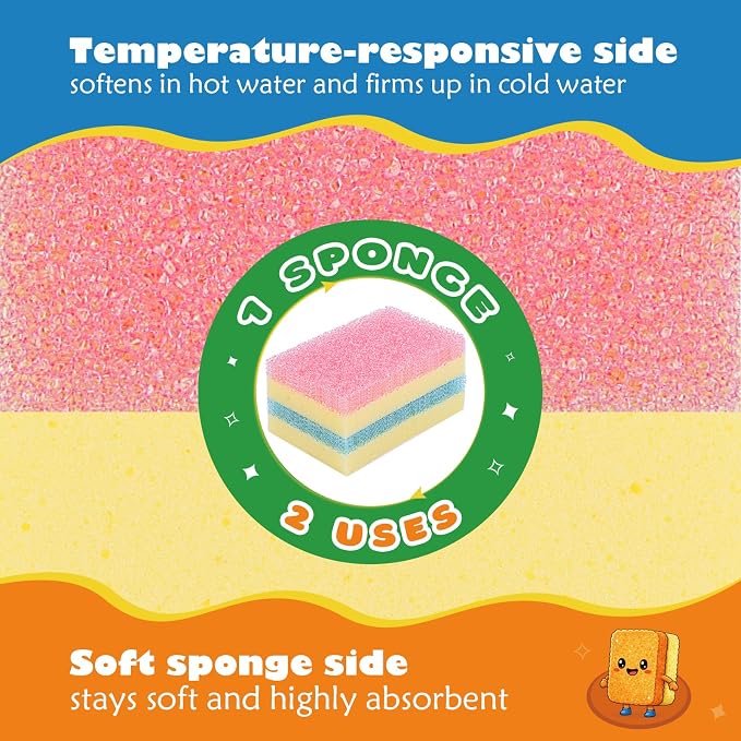 UNIMADE Scrub Sponge, Temperature Responsive Dual-Sided Cleaning Sponges | Non-Scratch Dish Sponge for Kitchen, Soft in Warm Water & Firm in Cold, 6 Pack