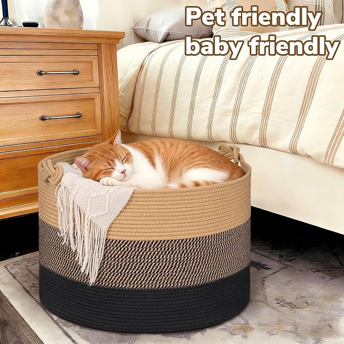 22"x22"x14" Large Blanket Basket, Home Décor for Living Room Bedroom, Decorative Wicker Woven Basket for Clothes, Toy Storage Basket for Kids, Camel Mix & Black