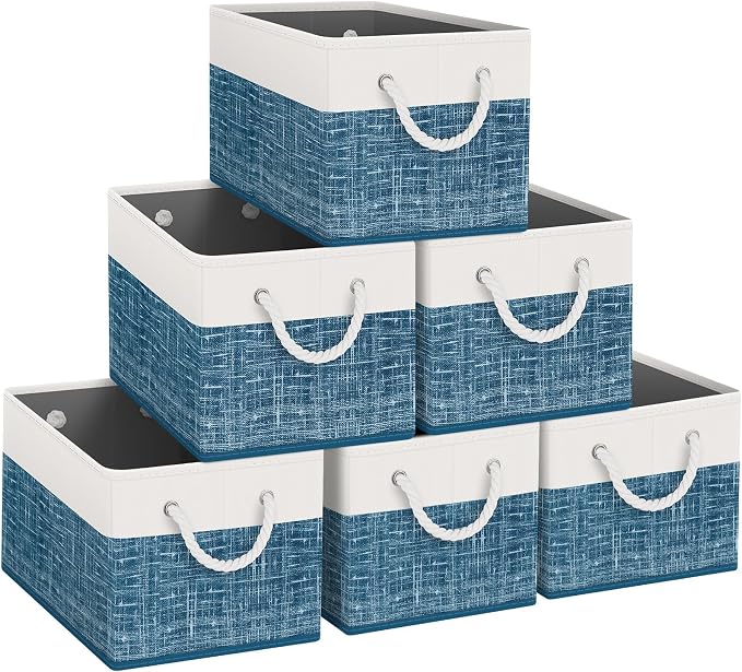 Storage Bins 6-Pack, Foldable Storage Baskets for Organizing Toys, Books, Shelves, Closet, Large Storage Box with Rope Handles, Sturdy Organizer Bins, White & Blue