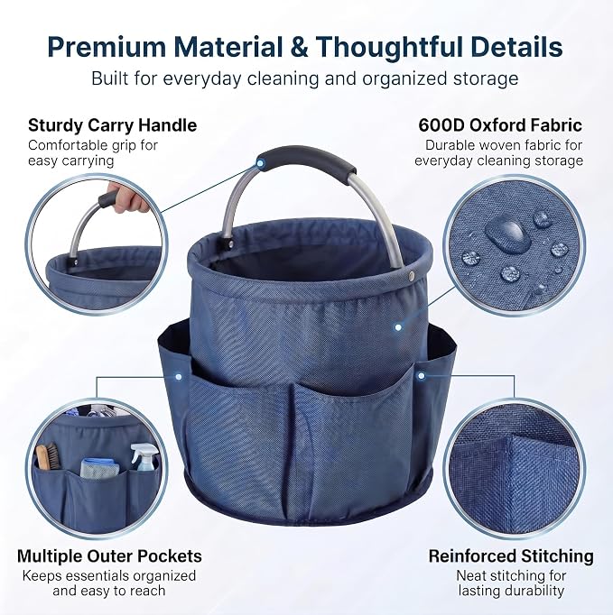 Cleaning Caddy with Handle, Large Supply Organiser 17L with 6 Pockets, Cleaning Products Organiser, Foldable Storage Basket, Portable Cleaning Caddy for Home (Blue)