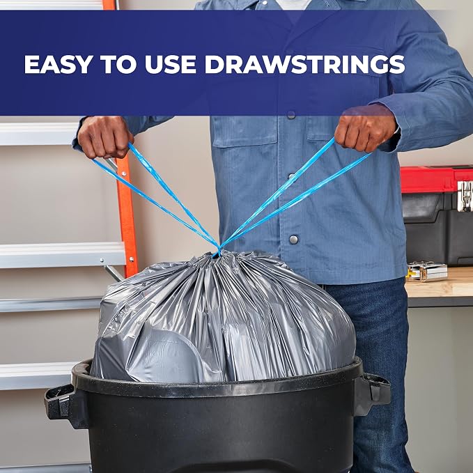 Hefty Steelsak Heavy Duty 39 Gallon Trash Bags, Gray, Unscented, 30ct | 39G Heavy Duty Trash Bags, 1.05 Mil Thick, Tear-Resistant Drawstrings, Resists Punctures, For Indoor and Outdoor Use