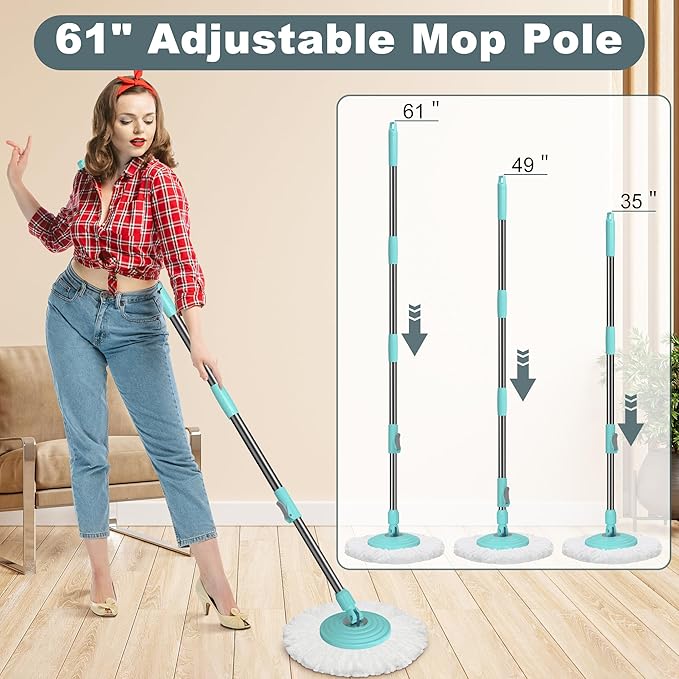 Traditional Large Spin Mop and Bucket, 2 Gal Capacity, Green | 2 Rolling Wheels, Pull Handle, 61-Inch Handle, 6 Mop Heads, Easy Wringing, For Family Homes, Hardwood, Laminate & Tile Floors