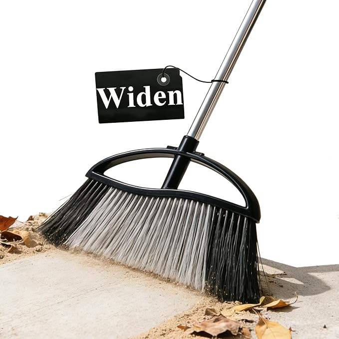 Outdoor Broom 15.7" Wide, Stiff Bristles & Long Handle for Yard | Adjustable 38-53.5" Handle, Wide Sweeping Broom Head, No-Bend Sweeping (Black)