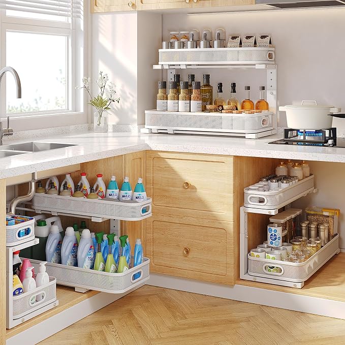 2 Pack 21.3IN-Depth Under Sink Organizer with Smooth Cylindrical Rail,2-Tier Pull Out Multi-Purpose Cabinet Storage for Bathroom&Kitchen,Height Adjustable,Rust-Resistant Coating-White