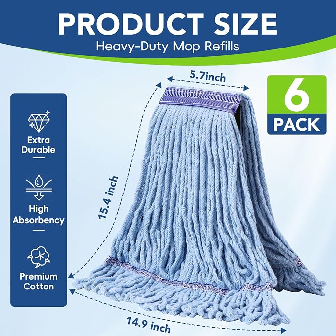 6 Pack Commercial Mop Head Replacement – Heavy Duty Mop Head for General and Floor Cleaning | Industrial Wet Mops | Washable Refill, Reusable, Looped End Mopheads | Hardwood, Concrete