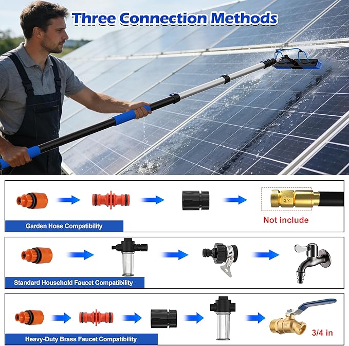 25 FT Reach Solar Panel Cleaning Brush Kit with Telescopic Pole | Water‑Fed Brush With 5‑20FT Dual Flip‑Screw Lock Pole, Soap Dispenser & Soft Bristles for Snow Removal, Boats, Windows, Rvs