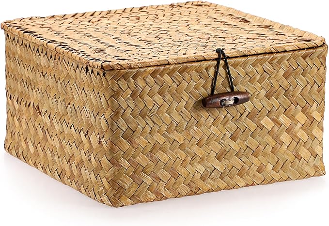 Hipiwe Handwoven Wicker Shelf Basket Bin with Lid Decorative Baskets Box | Multipurpose Seagrass Baskets Organizer, Square Household Storage Basket for Shelf Living Room Bathroom, Small Caramel