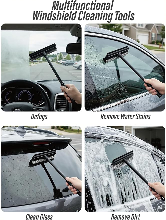 2 in1 Window Squeegee for Car, Window Cleaning Tool with 16inch Long Handle | for Gas Station, Glass,Shower,Outdoor High Window Cleaning