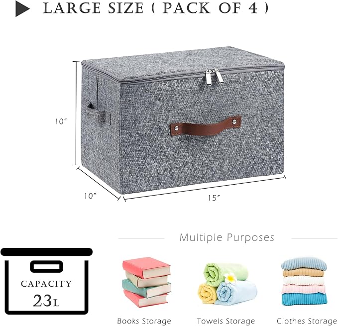 4PCS Storage Bins with Zipper Lids Decorative Lidded Basket Box | Clothes Container, Closet Shelf Organizer, Foldable Washable, Cotton Linen Fabric, w/ PU Leather Handles, Gray, Large