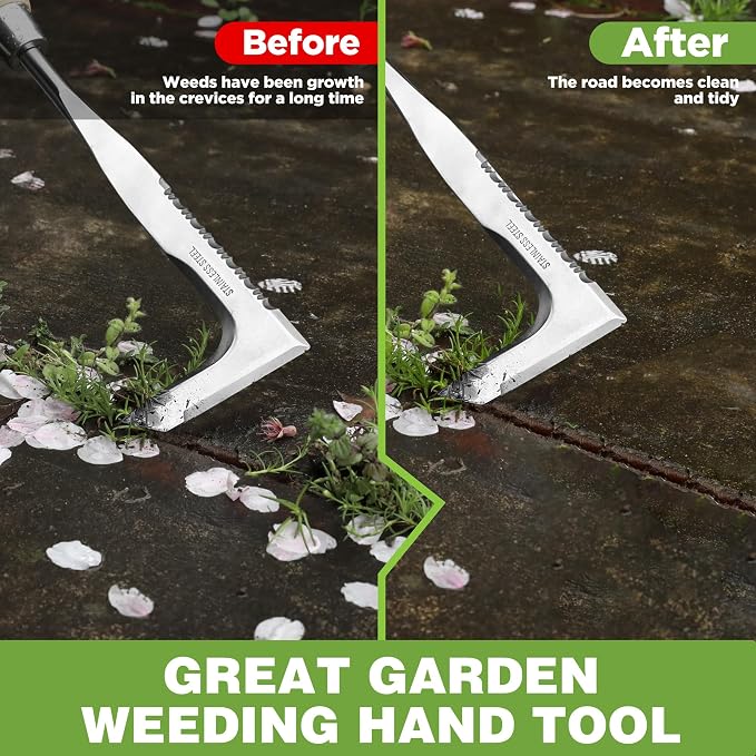 WORKPRO Crack Weeder, 12" Stainless Steel Crevice Weeding Tool with Ash Wooden Handle | L-Shaped Sidewalk Weed Puller Spatula, for Garden Lawn Yard Patio Terrace Paving Moss Garden Tool Weeder Tool