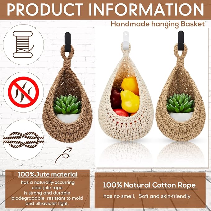 3 Hanging Baskets,Light Linen,Teardrop,Cotton Rope | Wicker Wall Baskets with Hooks for Fruit Vegetable Onion Storage, Teardrop Organizer for Kitchen, Boho Farmhouse Decor