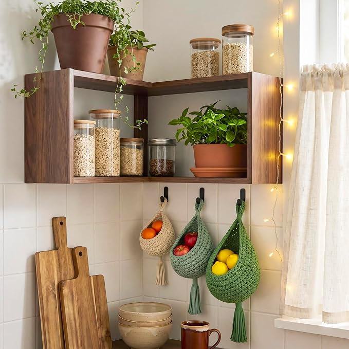 3 Hanging Baskets,Sage Color Palette,Tassel,Cotton Rope | Wicker Wall Baskets with Hooks for Fruit Vegetable Onion Storage, Teardrop Organizer for Kitchen, Boho Farmhouse Decor