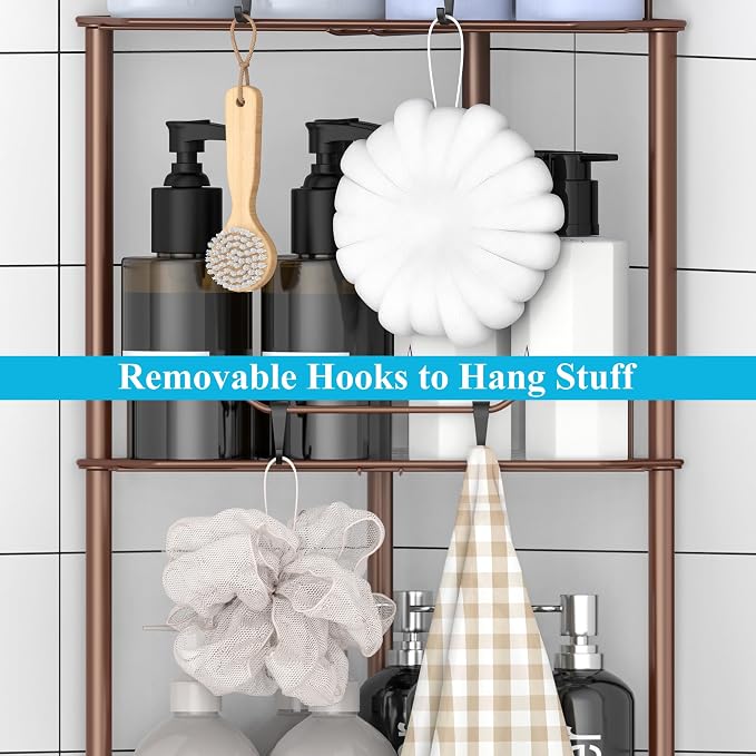 HuggieGems Metal Floor Standing Corner Shower Caddy, Coffee, 3 Tier | Adhesive Bathroom Organizer Shelves, Free Standing Shower Rack with Hooks, Hold Large Shampoo Bottles