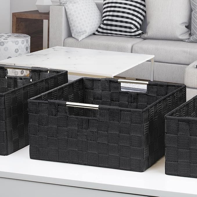 Sorbus Storage Box Woven Basket Bin Container Tote Cube Organizer Set Stackable Storage Basket Woven Strap Shelf Organizer Built-In Carry Handles (Black)