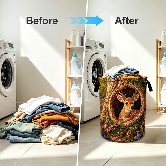 Deer Laundry Basket Foldable Oxford Laundry Hamper With Handle For Room Bathroom Bedroom