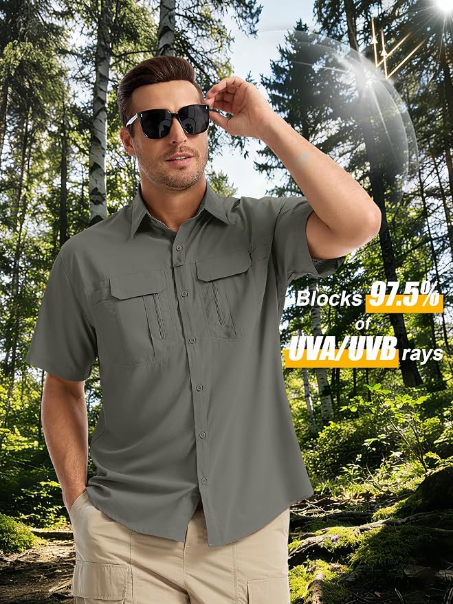 Mens Short Sleeve Fishing Shirt Sun Protection Quick Dry Lightweight | Breathable Fabric, Multi Pockets, for Fishing Safari Hiking Hunting Camping Outdoor Work Casual Wear