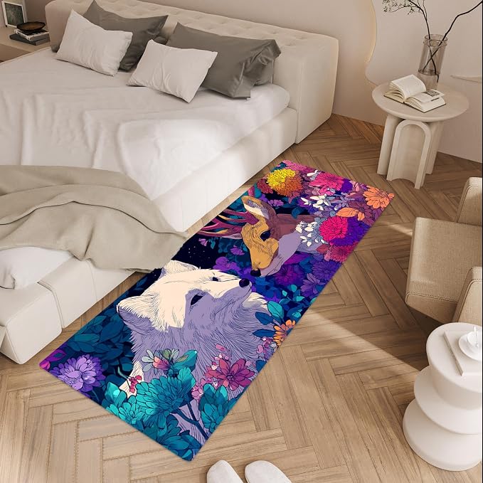 ANNA QUEEN Whimsical Forest Animal Laundry Room Rug Runner 20x47 Inch - Waterproof Non-Slip Floor Mat for Front Load Washer Dryer,Fox Deer Floral Room Decor,Machine Washable
