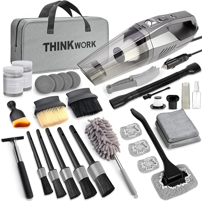 THINKWORK Car Cleaning Kit, Car Detailing Kit Interior Cleaner with High Power Handheld Vacuum, 10Pcs Detailing Brush and Storage Bag, Gray Auto Interior Cleaning Kit for Men