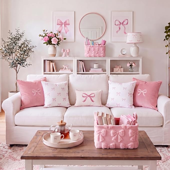 2 Pcs Pink Bow Storage Basket 14x10'' Back to School Gift Baskets