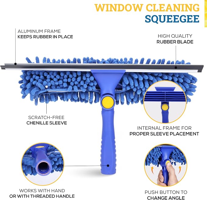 2-in-1 Window Squeegee with 4–12 ft Telescopic Extension Pole | Window Washing Kit for Home & Commercial Glass Doors, High Windows, 2 Sleeves Included