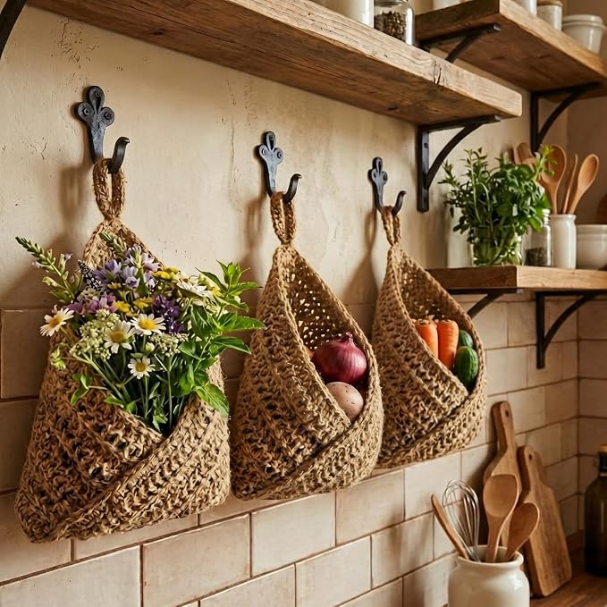 3 Hanging Baskets,Linen,Triangle,Jute | Wicker Wall Baskets with Hooks for Fruit Vegetable Onion Storage, Teardrop Organizer for Kitchen, Boho Farmhouse Decor