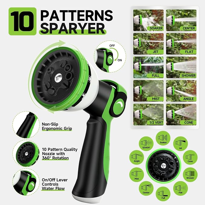 Garden Hose 50 ft Flexible Water Hose Non-Expanding Lightweight Kink-Free Hoses Durable Leak-Proof High Pressure Pipe with 3/4” Brass Fitting 10 Function Nozzle for Outdoor Yard Lawn Car Wash