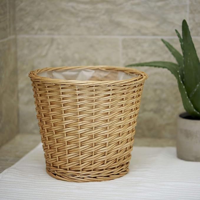Household Essentials Willow Wicker Waste Basket, Medium, Handwoven with Built-in Plastic Liner, Durable and Attractive Weave, Tapered Design, Compact, Easy to Clean, Natural