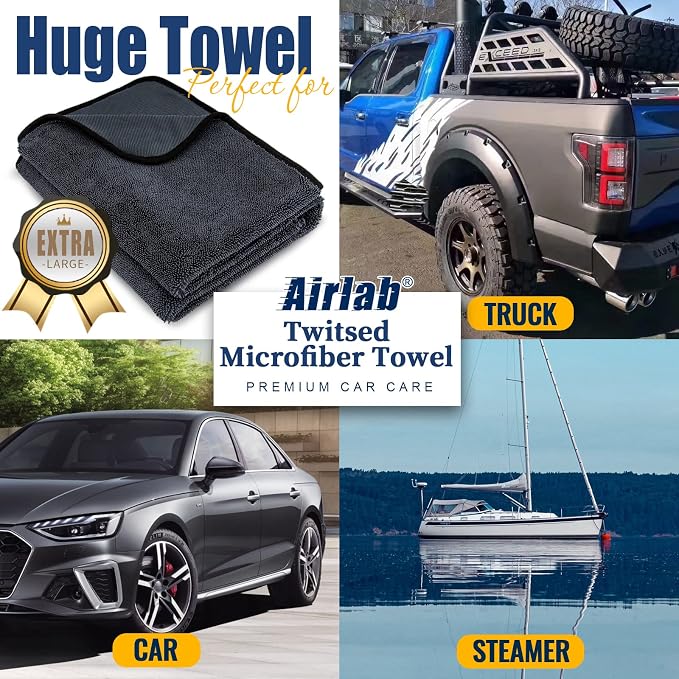 Airlab Microfiber Towels Cars Wash Drying Cleaning Cloth, Grey-Black | Thick Plush Auto Detailing Super Absorbent for Interior & Exterior Lint Free, Streak Free, 35 x 24 Inch, Pack of 1