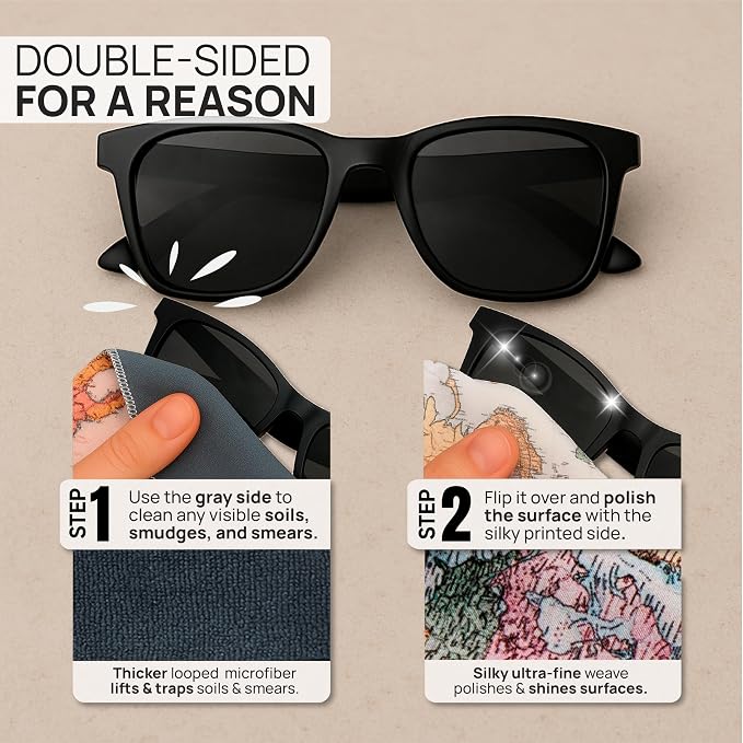 Microfiber Wholesale Quick Cloth Glasses Cleaning Cloths 5x7 World Map | 2-Pack with Case | Double-Sided Lens Cleaner for Eyeglasses, Camera & Screens | Reusable Microfiber Glass Polishing Cloths