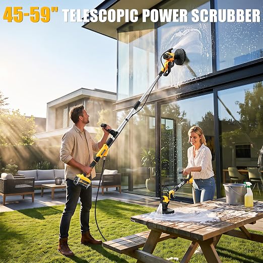 Cordless Electric Power Scrubber Compatible with DeWalt 20V Max Battery | (Tool Only)Water Fed Telescopic Cleaning Brush with Brushless Motor, IPX7 Waterproof 8-Angle Head, 45-59" Pole for Patio/Deck