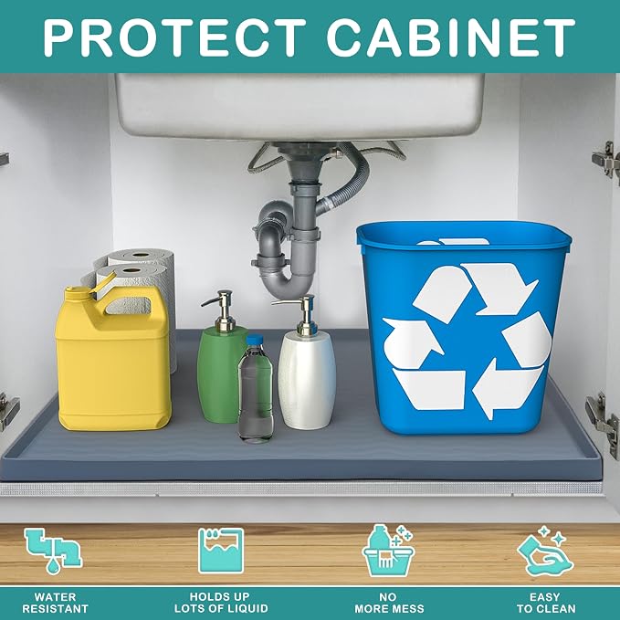 URMONA Waterproof Silicone Under Sink Mat 16'' x 10'' Shelf Liner for Kitchen and Bathroom, Cabinet and Counter Protector, Storage and Organizers, Litter Mat, Pet Cat Puppy Essentials(Cream)