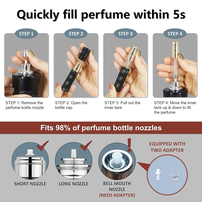 Perfume Travel Refillable Bottle Cologne Portable Atomizer Fragrance Scent Sprayer Pump Fill from Bottom Mini Pocket Size 5ml for Travel Essentials & Best Gift (Silver)