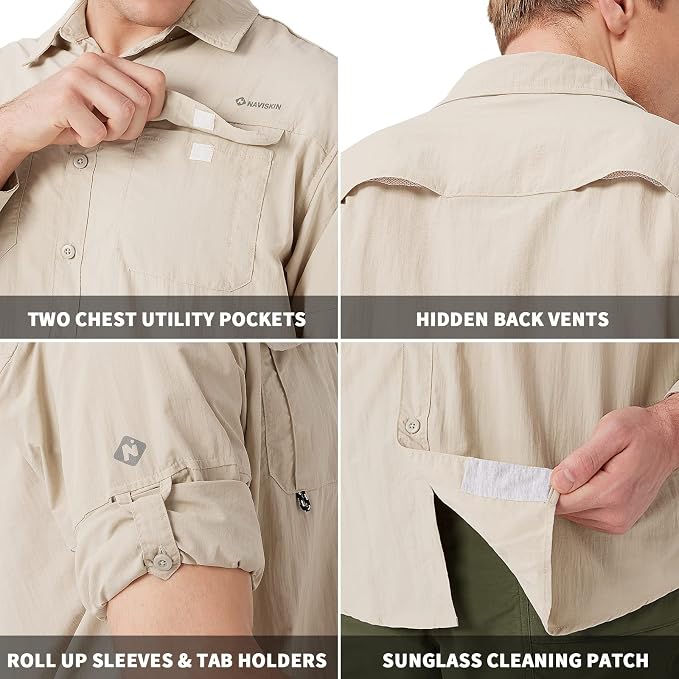 NAVISKIN Men's UPF 50+ Sun Protection Long Sleeve Fishing Shirts | UV Protective, Quick Dry, Vented Back, Utility Pockets, Roll Up Sleeves, Lightweight PFG Shirts For Hiking Camping Safari