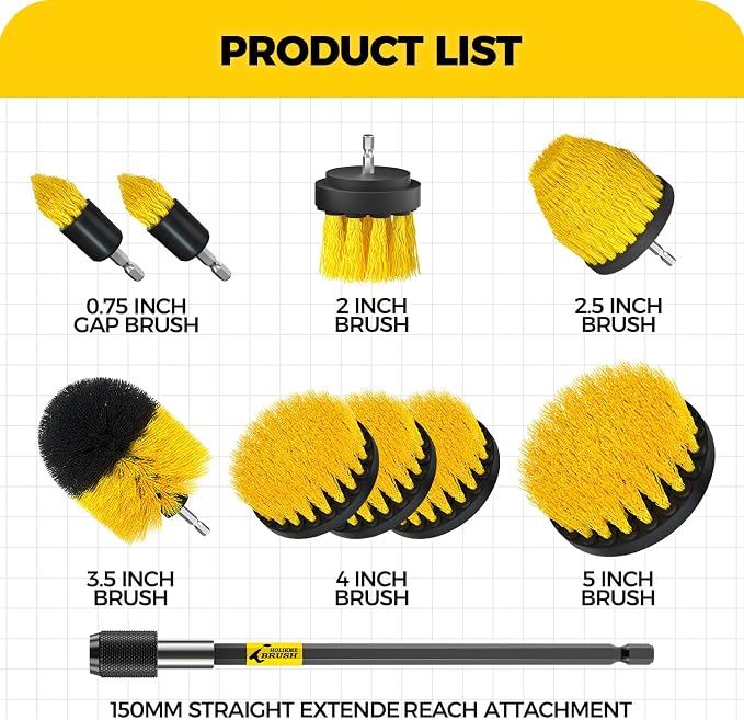 Holikme 10Pack Drill Brush Attachments Set，Power Scrubber Kit for Clean | 9 brush sizes, nylon bristles, extension reach, bathroom, tile, grout, kitchen and car cleaning, yellow