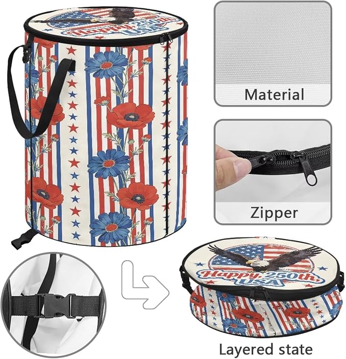 American Eagle Collapsible Trash Can for Outdoor – Heavy Duty Foldable Garbage Bin with Lid, 24 Gallon Waterproof Trash Bag Holder for Camping, RV Travel, Tailgating, Patriotic Decor