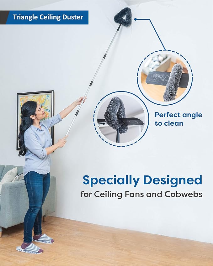 Feather Duster Kit with 5.6ft Extension Pole, 4 Dusting Brush for Cleaning Home Wall Ceiling Fan Cobweb, Microfiber Static Washable Dusters, Black Dark Gray