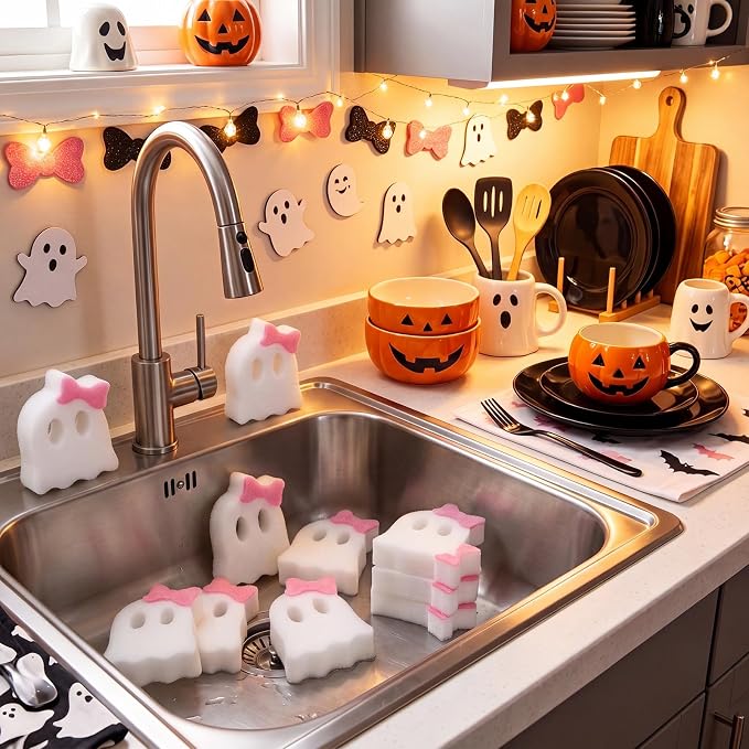 Tioncy 12 Pack Halloween Ghost Kitchen Sponges, White, Pink | Dual Sided Scrubber, Gothic Halloween Decor, Reusable Non Scratch Dishwashing, for Cookware Pot Boiler Pan Household